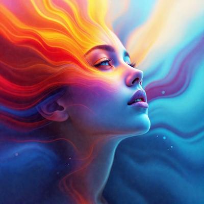 The primary subject of the image is a woman with long hair, who is the main focus of the scene. She is looking upward, possibly towards the sky, and appears to be in a contemplative or introspective mood. The setting is a blue background, which adds to the overall atmosphere of the image. The visual style is a combination of photo and digital art, creating a unique and artistic representation of the woman.
